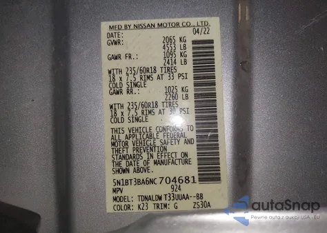 2022 Nissan Rogue Sv Fwd z USA, uszkodzony, nr VIN 5N1BT3BA6NC704681